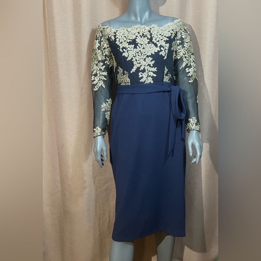 JJs House M Navy Formal Off Shoulder Midi Dress with Embroidered Gold Lace EUC